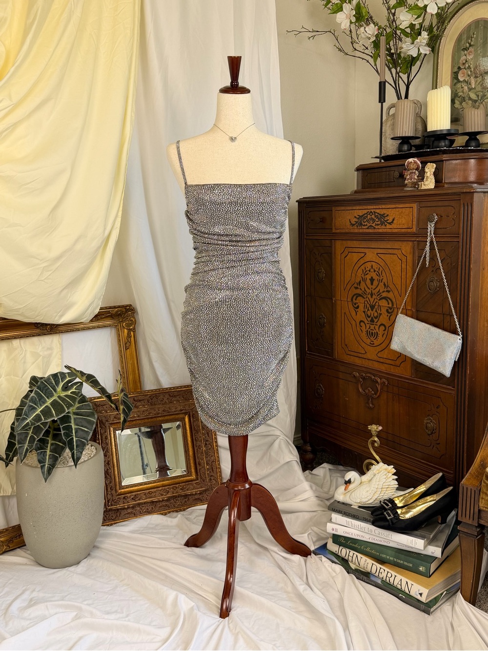 NWT AKIRA Silver Rhinestone Ruched Mini Dress - Picture 3 of 8